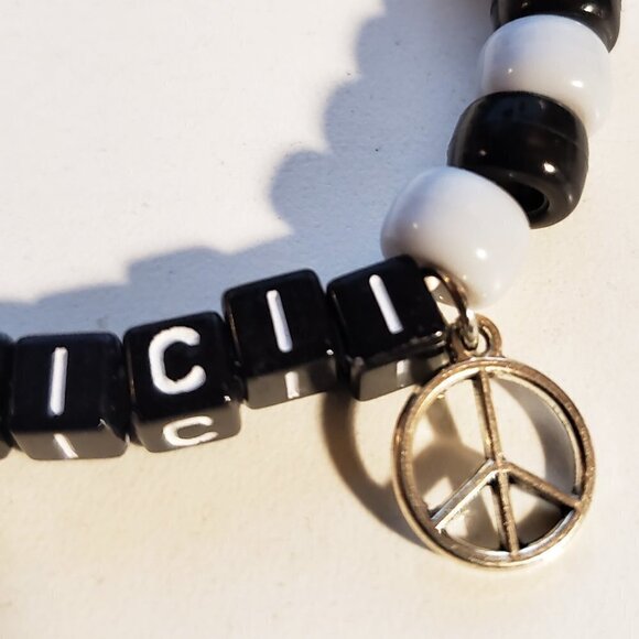 Handmade Love Avicii Kandi Bracelet With Peace Charm, Gray and Black - Picture 2 of 3
